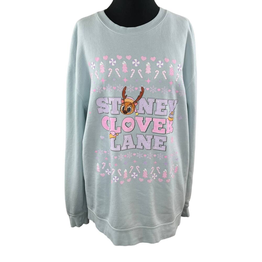 Stoney Clover Lane Light Blue Pink Christmas Reindeer Crew Sweatshirt Top L XL